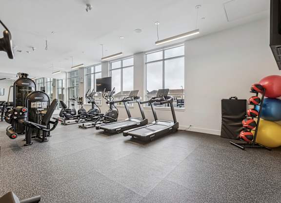 A gym with treadmills, weights, and exercise balls.