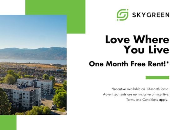 A poster advertising a one month free rent offer from Skygreen.