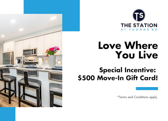A kitchen with a bar area and a sign offering a $500 move-in gift card.