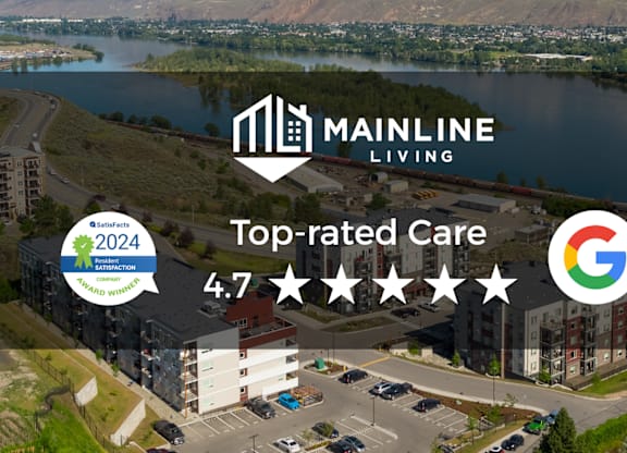 A building with the text "MAINLINE Living" and a rating of "Top-rated Care 4.7" is shown.