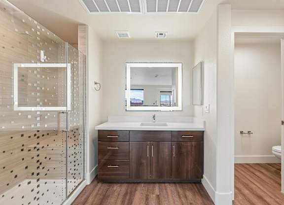 A bathroom with a wooden floor and a shower with a glass door.