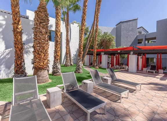 a patio with chairs and palm trees at Evoq Apartment Homes, Nevada  