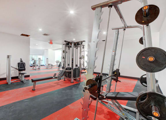 a gym with weights and other equipment on a red rug at Evoq Apartment Homes, Las Vegas, NV  