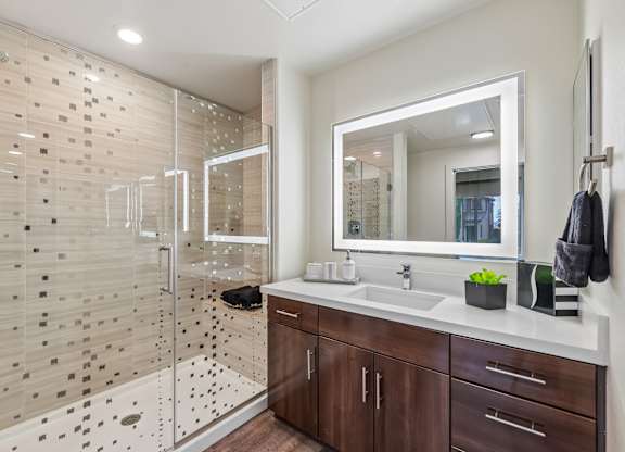 A modern bathroom with a walk-in shower and a large mirror above the sink.