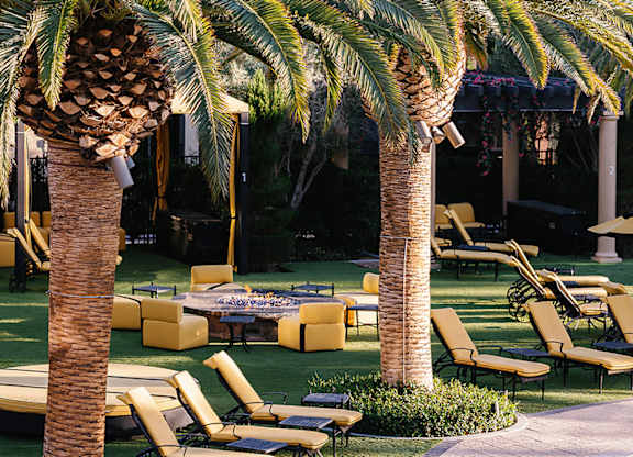 Palm trees surround a pool and lounge chairs.
