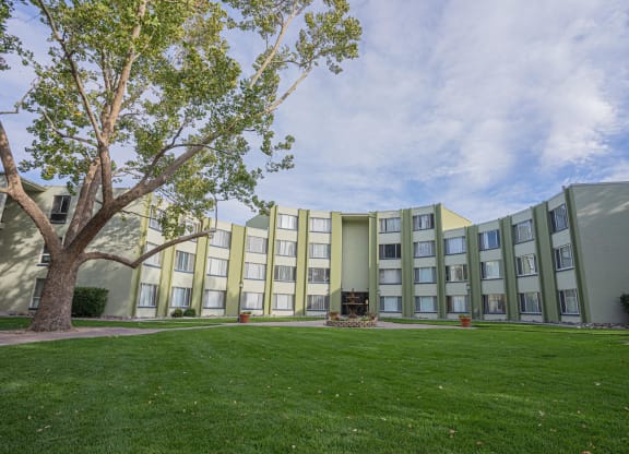 a building with green grass and a tree in front of it at Regency Park, Reno, NV