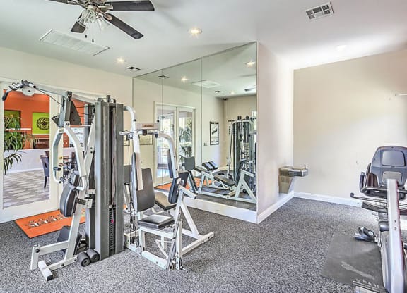 the home gym has a large mirror and plenty of exercise equipment at Silver Creek Apartments, Las Vegas, NV, 89122