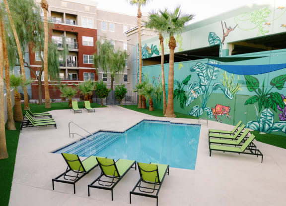 Sparkling pool and lounge area at The Vine on 8th, Las Vegas