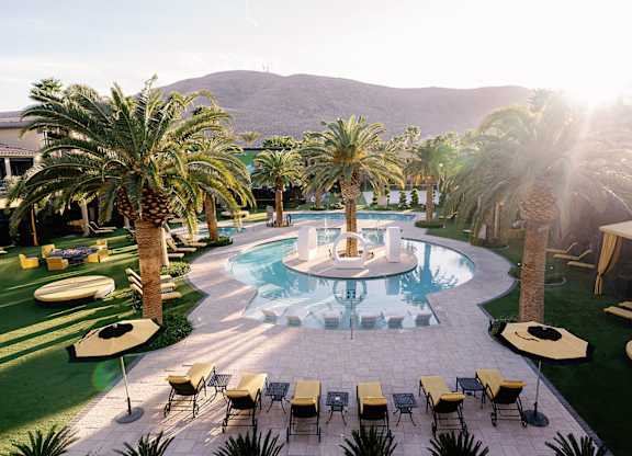 A pool surrounded by palm trees and lounge chairs.