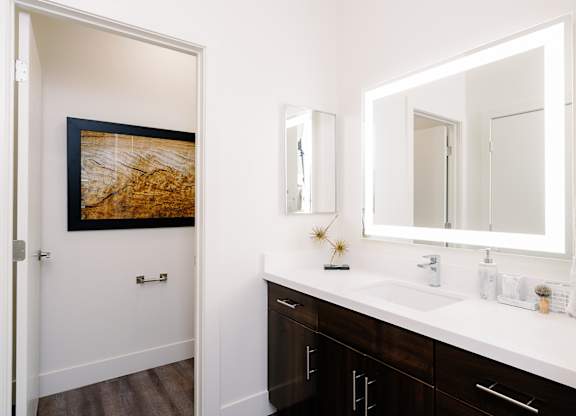 A bathroom with a white sink and a brown and black cabinet.