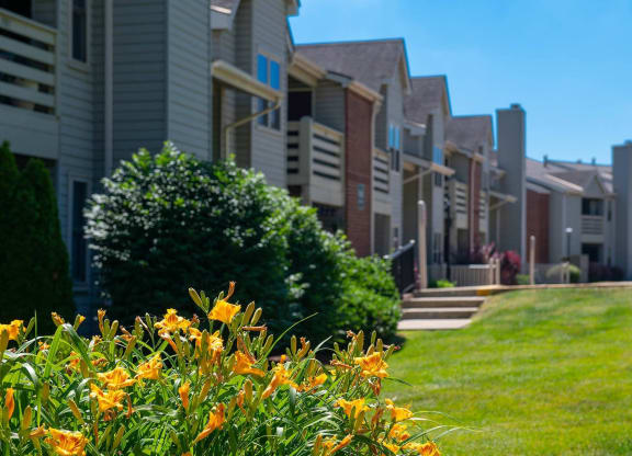 a row of townhomes with grass and flowers in the foreground at Monroeville Apartments, Monroeville, 15146