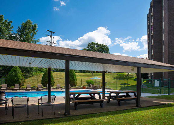 a covered patio with a picnic table and chairs next to a swimming pool at Monroeville Apartments, Pennslyvania, 15146