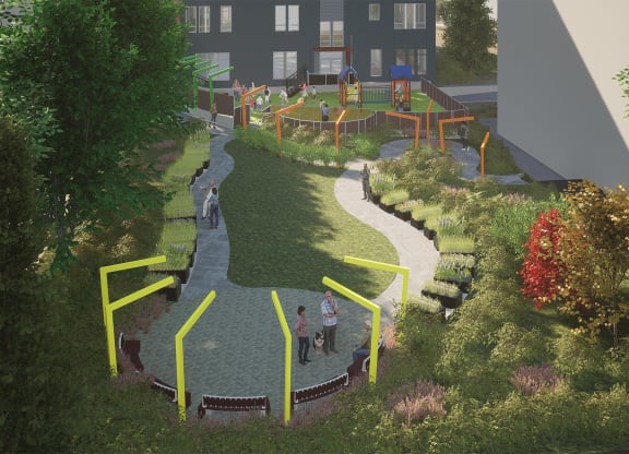 a rendering of a park with benches and grass at Nook at Northaven Apartments, Seattle, WA