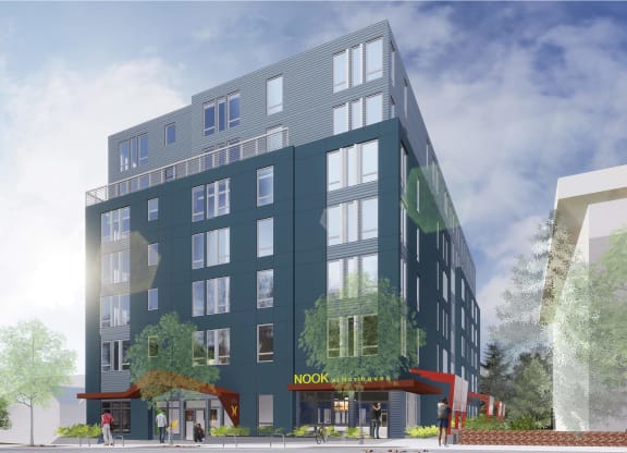 a rendering of an apartment building on a city street at Nook at Northaven Apartments, Seattle, Washington