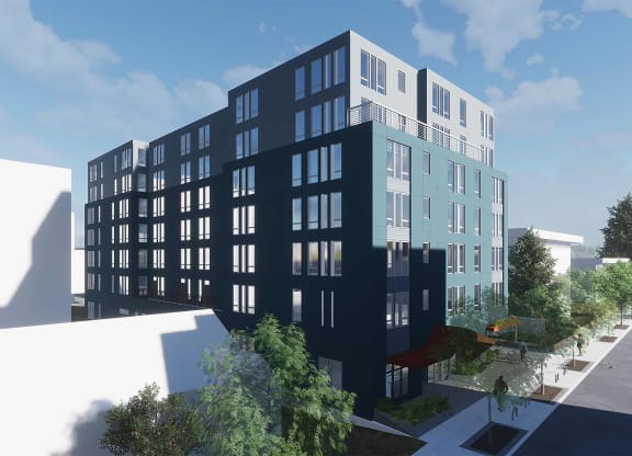 a rendering of an apartment building on a city street at Nook at Northaven Apartments, Washington
