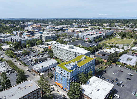 A cityscape with a large building in the center with a green roof.