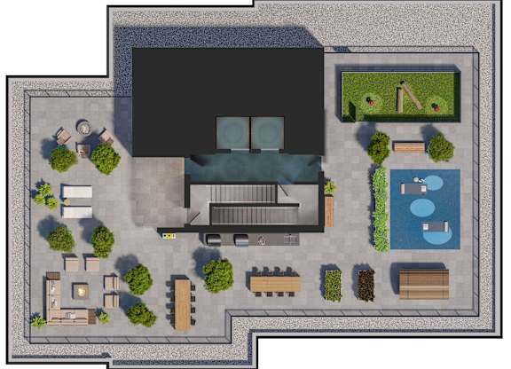 A top-down view of a rooftop area with fire pit, lounge, grills, dining table, sauna, yoga platform, and dog park.