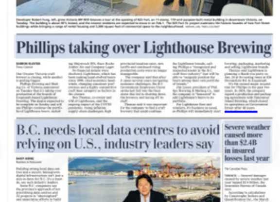 A business newspaper front page with various news articles and headlines.