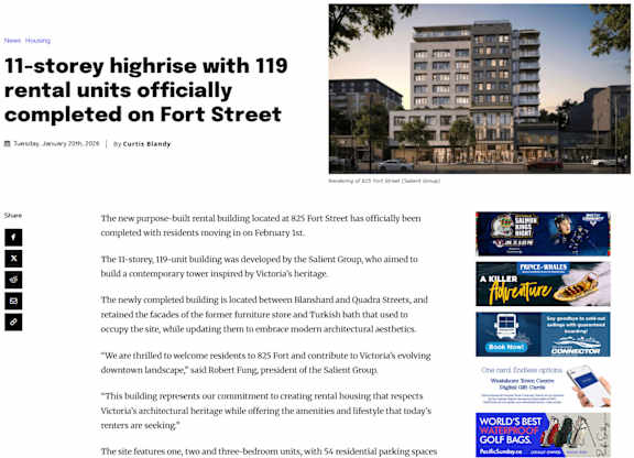 A newspaper article about a 11-storey high rise with 119 rental units.