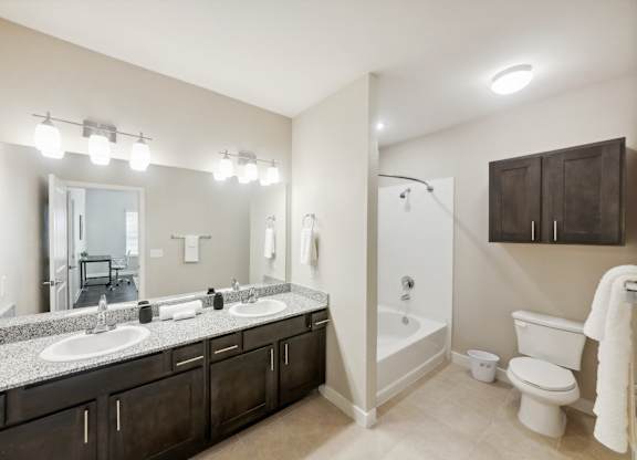 A bathroom with a double sink vanity and a white toilet.