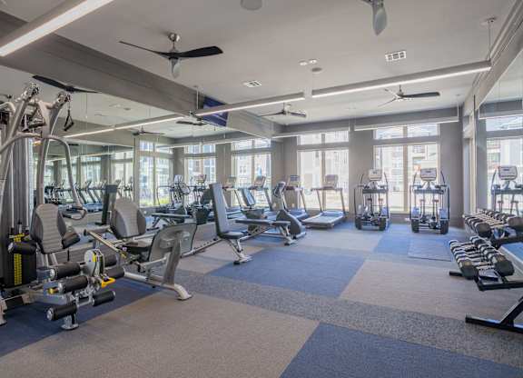 A spacious gym with a variety of equipment and a blue carpet.