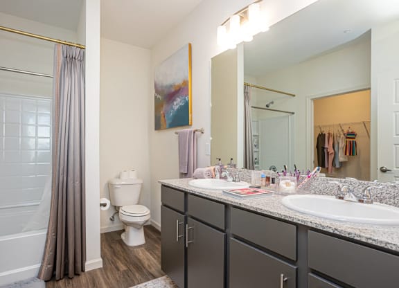 a bathroom with two sinks and a shower and a toilet
