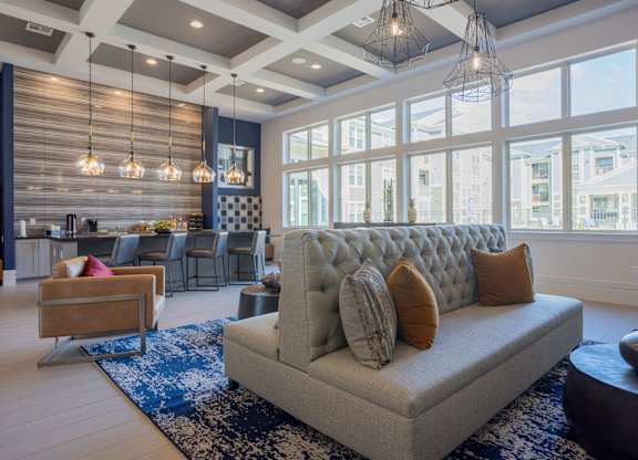 A living room with a grey sofa and a blue rug.