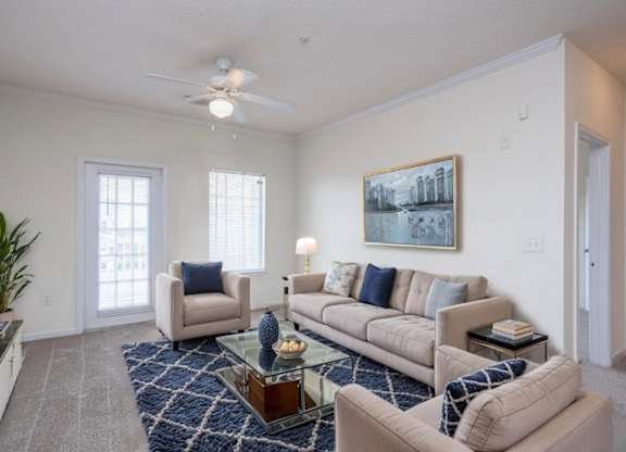 A living room with a couch, chair, and a rug.
