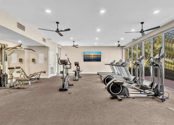 A gym with a variety of exercise equipment including treadmills, stationary bikes, and elliptical machines.