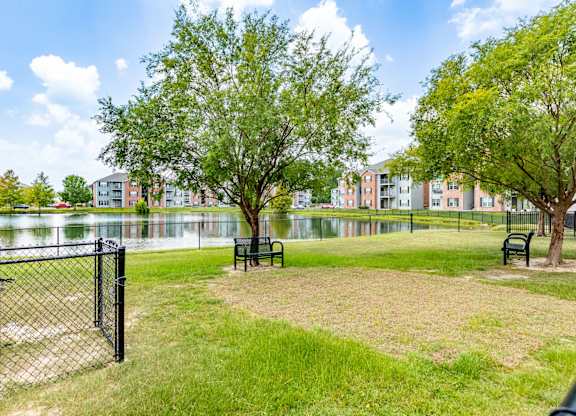 A park with a fence, benches, and trees.
