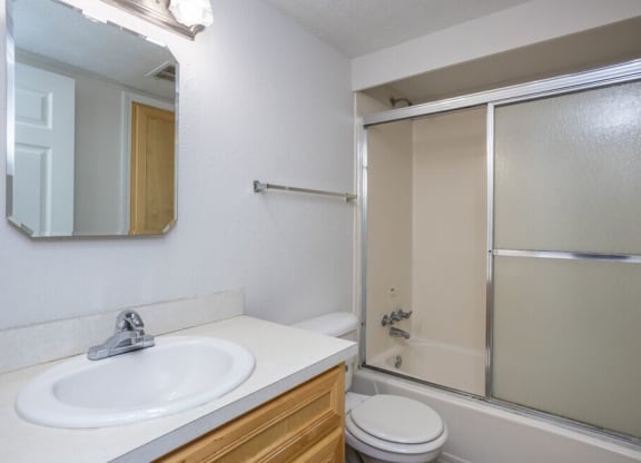 a bathroom with a sink toilet and shower
