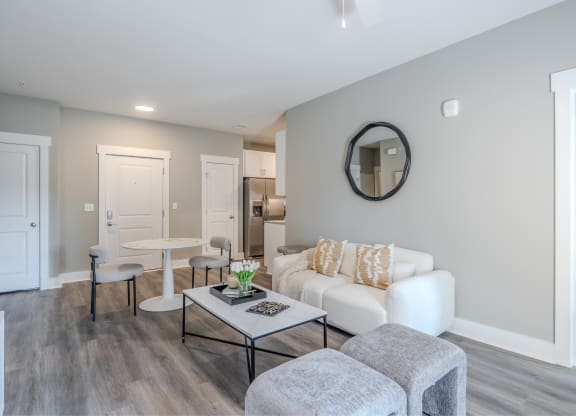 a living room with a couch and a table