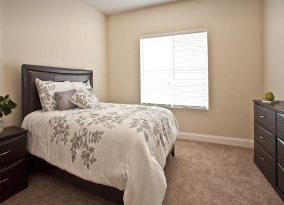 a bedroom with a bed and a dresser and a window