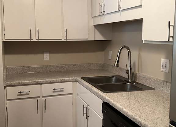 A kitchen with a sink and cabinets.