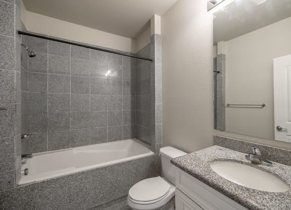 a bathroom with a tub sink and toilet and a mirror