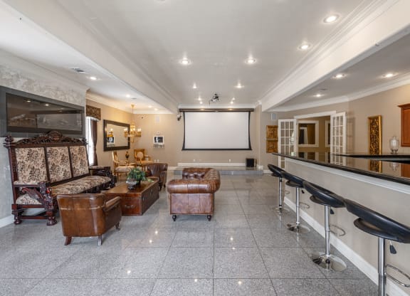 the living room has a bar and a projector screen