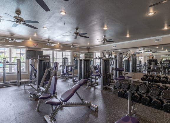 a gym with weights and cardio equipment and ceiling fans
