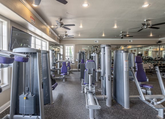 a fitness room with cardio equipment and weights