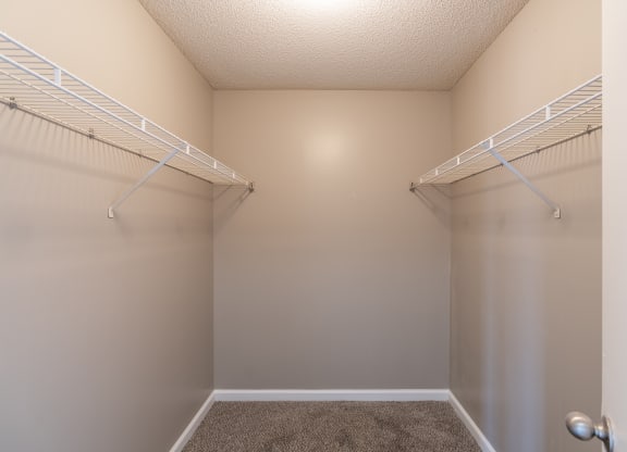 a spacious walk in closet in a bedroom with a mirrored closet door