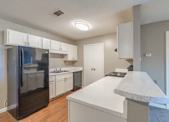 the preserve at ballantyne commons apartment kitchen with white cabinets and stainless steel appliances