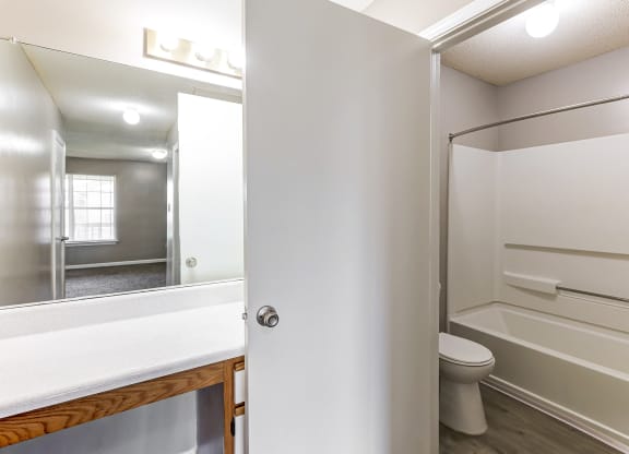 a bathroom with a toilet and a mirror and a shower