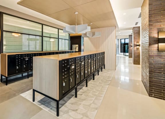 a view of the mailroom from the entrance of the building