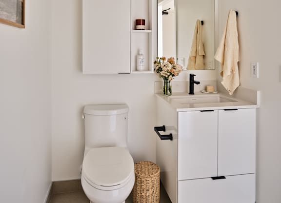 A white toilet sits next to a white cabinet with a mirror above it.