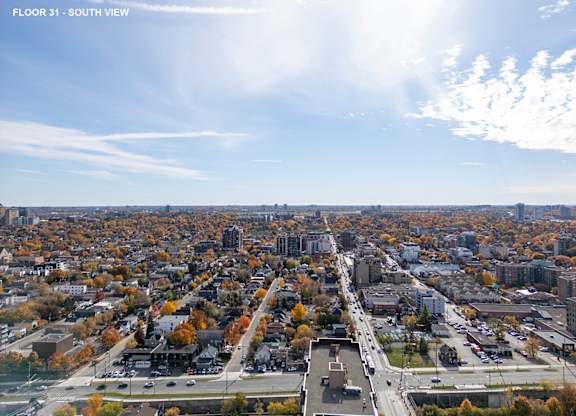 an aerial view of the city in the fall
