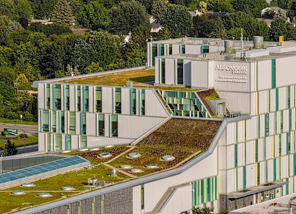 A modern building with a green roof and a sign that reads "Alcassis".