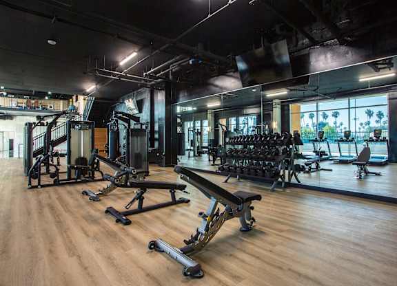 A gym with a variety of equipment including treadmills, weights, and exercise machines.