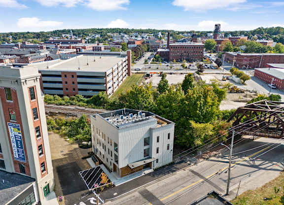 an aerial view of a building in a city