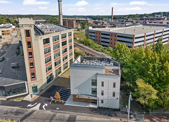 an aerial view of a building in a city