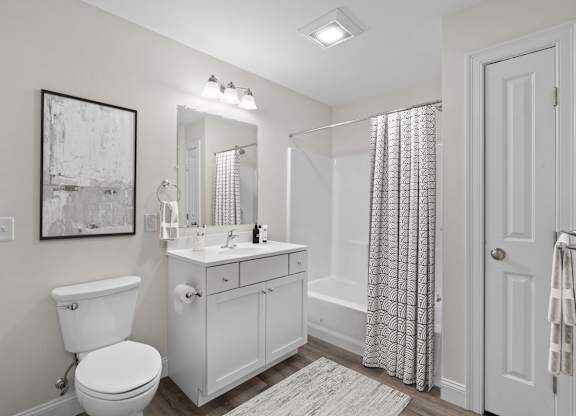 Pristine bathroom with a white sink and a shower.