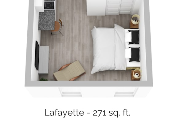 a stylized 3d floor plan with a bedroom and a living room